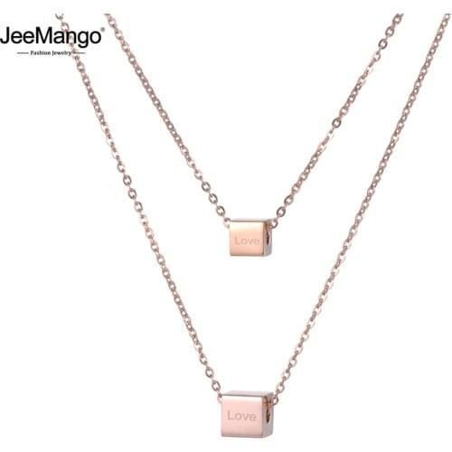 JeeMango 2 Layer Stainless Steel Rose Gold Choker Necklace Love Letter Square Valentines Day Present Necklace For Women JN18276