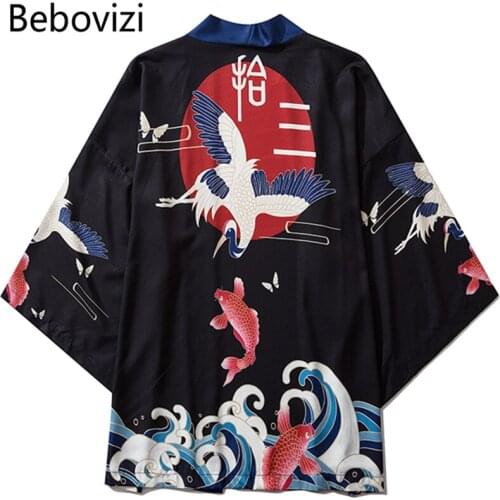 Bebovizi Crane Koi Waves Print Streetwear Kimono Cardigan Robe Summer Haori Obi Traditional Japanese Clothes for Women Men