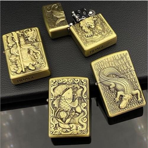 Creative Retro Bronze Color Drawing Relief Grinding Wheel Metal Windproof Kerosene Lighter Somking Tool Gasoline Lighter Gift
