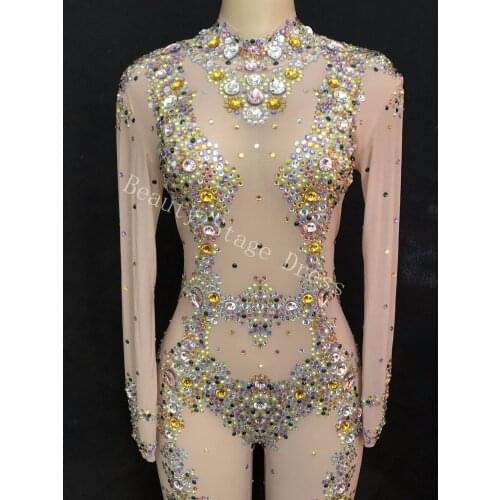 Fashion Colorful Stones Jumpsuit Crystals Mesh Costume Women stage Performance Dance Net Yarn Bodysuit Sexy Nightclub Wear