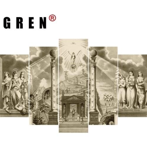 GREN Modular Painting Living Room HD Print Canvas 5 Pcs Black And White Freemasonry Picture Poster Wall Art Framework Home Decor