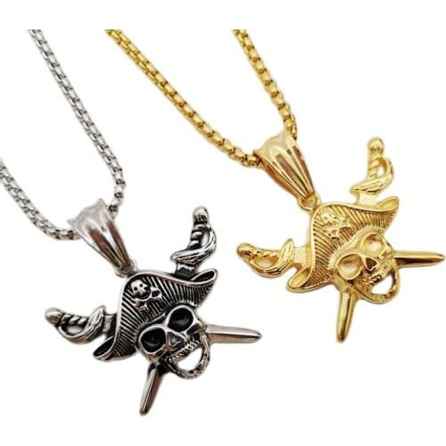 Mens Fashion Cool Caribbean Pirate Captain Skull Pendant Necklace Stainless Steel Double Sword Cross Necklace Male Jewelry Gift