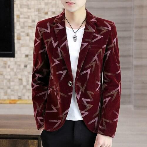 HOO 2021 Mens Slim Fit Suit Youth Casual Gold Velvet Printed blazer