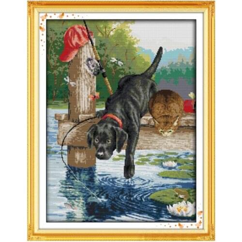 A dog fishing cross stitch kit aida 14ct 11ct count printed canvas stitches embroidery DIY handmade needlework