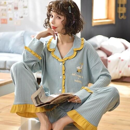 Women Autumn Winter Pyjamas Ladies' Doll Collar Long Sleeve Pajama Set Cute Christmas Pajamas Pants Sleepwear Home Service