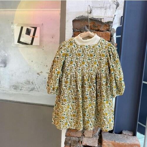 2021 Korea style girls printed dress fashion cotton linen full sleeve autumn girls dresses