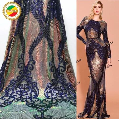 Riyal Blue Stretchable Sequins Net Lace Fabric Elastic 2021 High Quality Sequined Embroidered Fabrics Wedding Prom Dress Fabrics