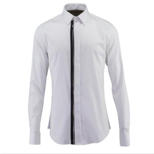 S-5xl Summer New Mens Long-sleeved Shirt Zipper Elastic Stretch Fashion Casual Shirts Hairstylist Gd Nightclub Singer Costumes