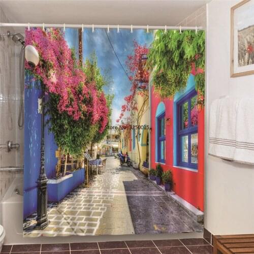 Retro European Rural Scenery Shower Curtains Courtyard Garden Potted Plant Background Wall Decorative Screen Bathroom Curtains