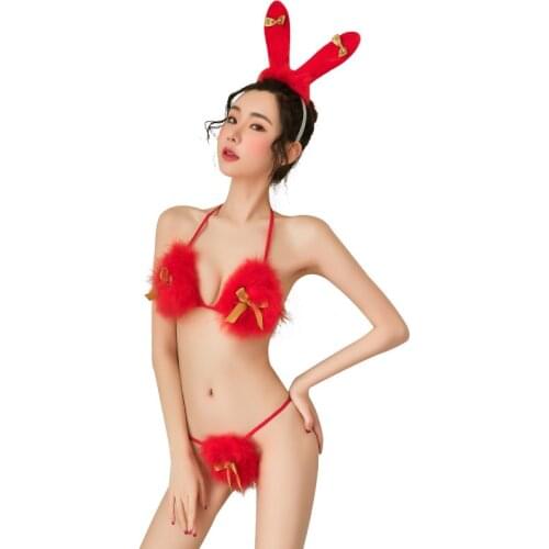 Temptation Sexy Cosplay Red Lingerie Christmas Bunny Girl Rabbit Uniform Erotic Lingerie Set Sexy Halloween Costumes