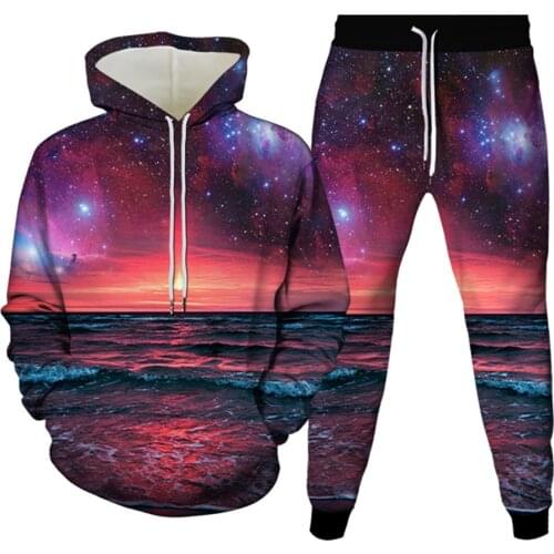 Galaxy Star Sea Natural Landscape Building Funny Print Men Tracksuit Women Casual Hoodies+Jogger Pants Suit Sweatshirt Trousers