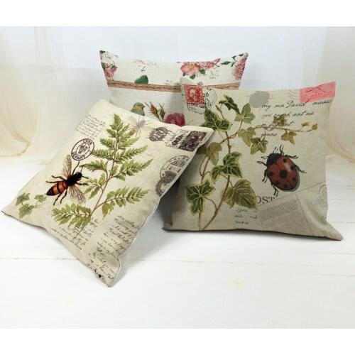 Vintage Insect Printed Cotton Linen Bee Beatles Bird Pillow Cover Cushion Cover 45CM X45CM Cojines Nordicos Pillowcase