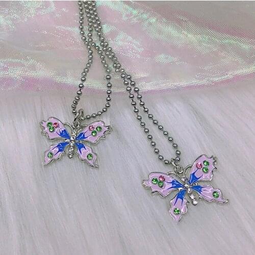 Y2K Jewelry Shiny Purple Butterfly Necklace for Women Metal Harajuku Vintage 90s Aesthetic Necklace 2021 New Gifts