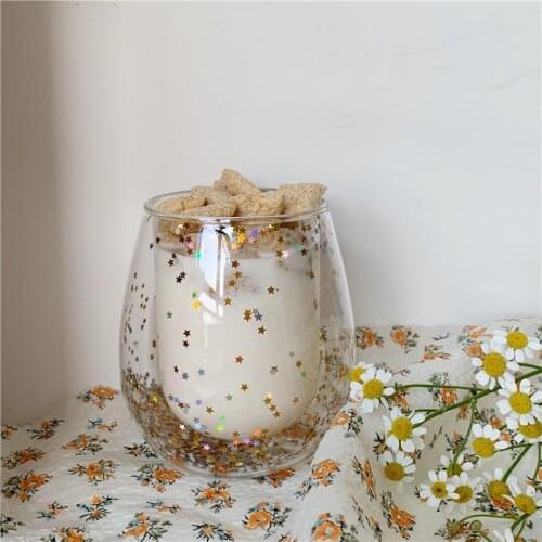 Korean style bright starry sky sparkling laser double layer insulated star childrens milk glass coffee juice