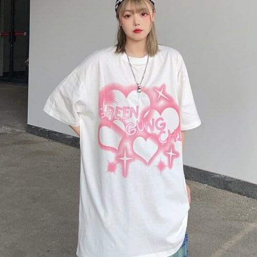 Summer Harajuku Gothic Graphic Womens T-shirt Cute Sweet Pink Love Print Short Sleeve Top Japanese Streetwear Casual Clothes