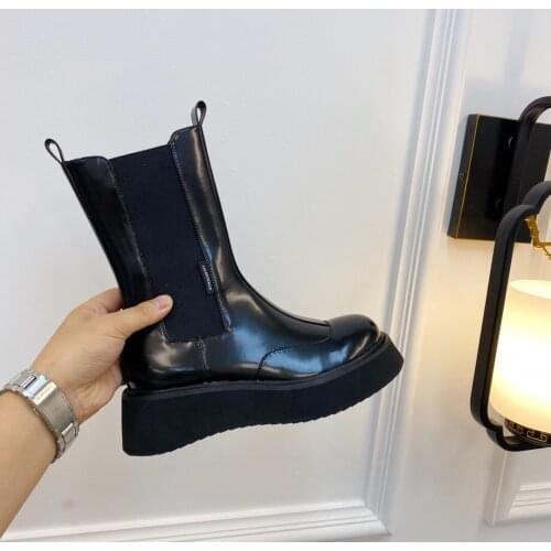 2021 Newest Winter Shoes Woman Chelsea Boots Sapato Feminino Elastic Boots Genuine Leather Mid-Calf Boots Woman Platform Boots