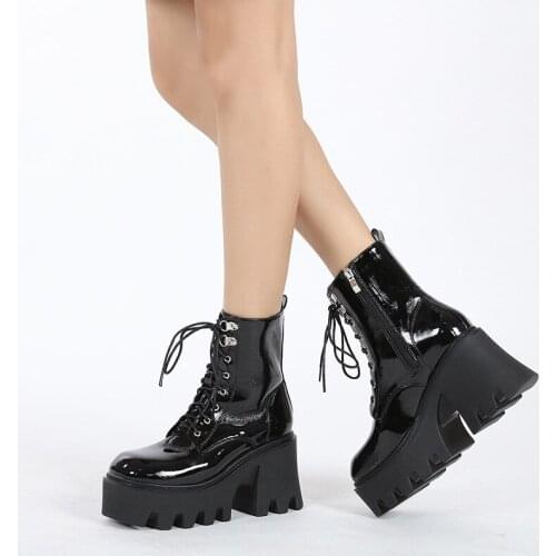 Woman Lace Autumn Boots Womens Ladies Chunky Wedge Platform Black Patent Leather Ankle Boots Punk Goth New Arrival 2021