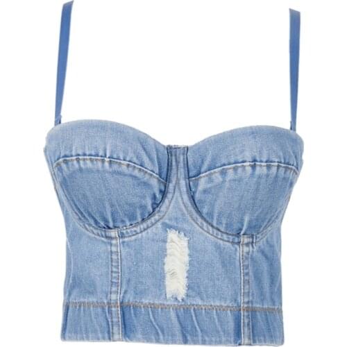 Women Destucted Denim Bustier Crop Top Spagehtti Strap Ripped Push Up Corset Camisole Vest Night Club Jeans Bralette