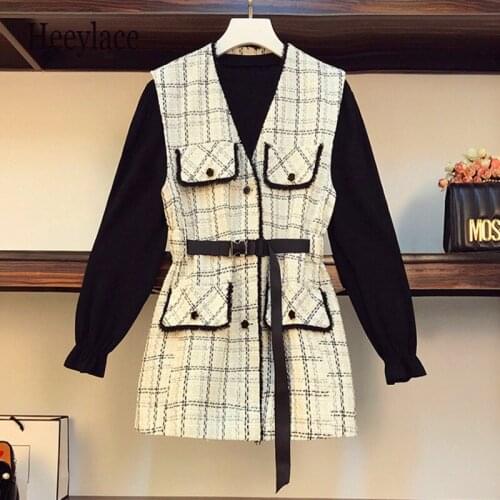 Plus Size Clothing Women 2021 Autumn Winter Ladies Suit Tweed Plaid Long Jacket Coat Top And T Shirt Top Two Piece Matching Set