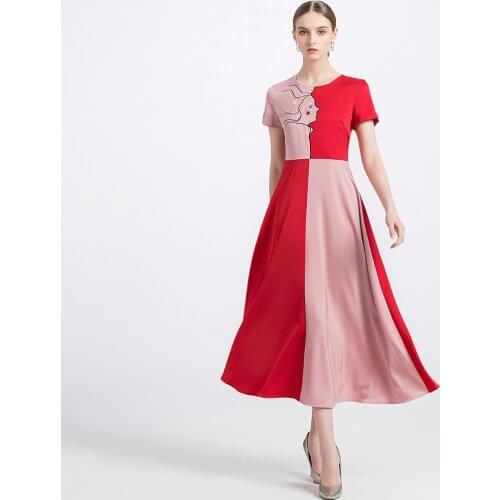 High Quality S-2XL Oversized Contrast A Line Embroidery Sweet Cute Summer Dress 2020 Short Sleeve Big Swing Midi Dress Ladies