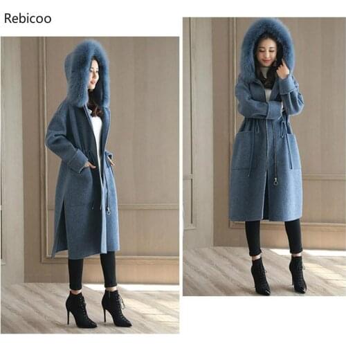 Women woolen coat winter jacket ladies woolen coat women hooded fur collar long fashion loose coat female winter wool coat