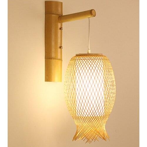 Bamboo Wicker Rattan Lantern Wall Lamp Fixture Rustic Asian Japanese Creative Sconce Light Luminaria Bedroom Living Room Hallway