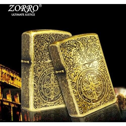 Zorro Gasoline Lighter Pure Copper Shell Machine Constantine Three-sided Engraving Process Cigarettes Accessories Smoking Gift