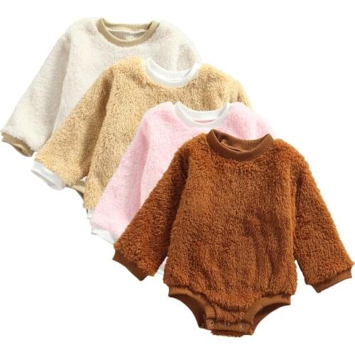 Infant Baby Autumn Rompers Plush Splicing O-Neck Long-Sleeves Jumpsuit with Crotch Buttons for Toddlers Girls, Boys, 0-24 Months