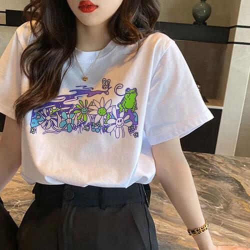 Retro Fashion Mushroom Flower Frog Print T-shirt Egirl Grunge Aesthetic Graphic T-shirt Ladies T-shirt Cute Top Swag Streetwear