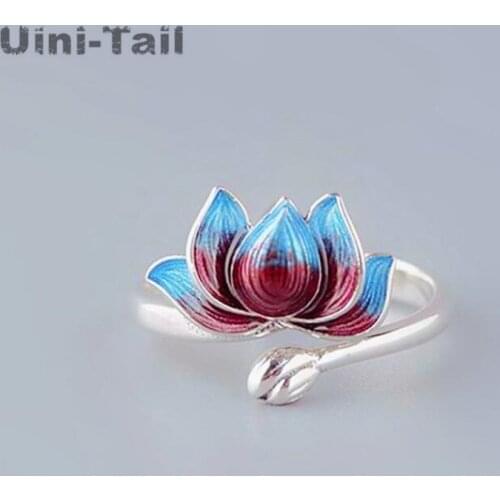 Uini-Tail new design hot sale 925 sterling silver Chinese style color matching cloisonne lotus open ring simple two-tone lotus