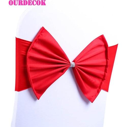 50 Pcs Rhinestone Chair Bow-knot Sash Ribbons Spandex Lycra Chair Band Bow Ties With Heart Buckle For Party Wedding Hotel