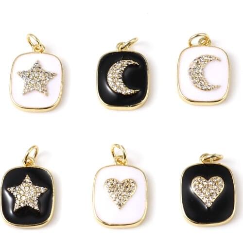Copper Charms Gold Color Metal Black White Rectangle Enamel Rhinestone Heart Star Pendants DIY Making Necklace Jewelry Gifts,1PC
