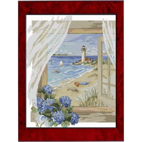 Needlework, DMC 11CT Cross Stitch kits,14CTunprinted Cross stitch Embroidery Sea view outside the window Cross-Stitching