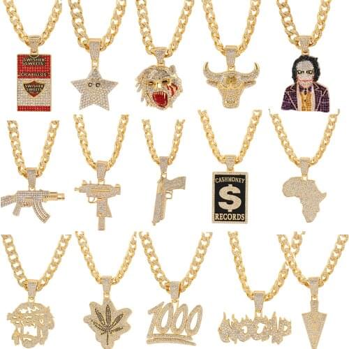 Iced Out Crystal Hip-hop Necklace Shine Luxury Cool Rock Gun Arrows Jesus Star Africa Map Male Collar Rapper Charm Jewelry Gifts