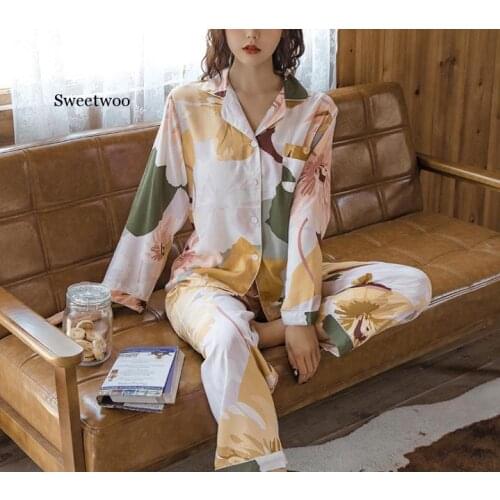 Cotton Pajamas Floral Long Sleeve Pajamas Women Print Sexy Top Pajama Beauty Lounge Wear Home Clothes Sleep Set