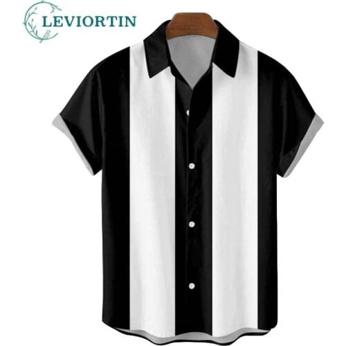 Striped Shirts for Men Button Up Shirts Short Sleeve Blouse Mens 50s Shirt Vertical Plus Size S-6XL Mens Bowling Dress Shirts