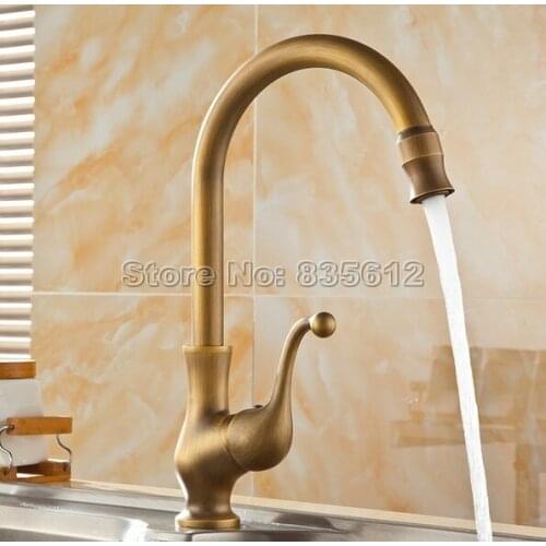 Retro Swivel Spout Kitchen Sink Faucet Antique Brass Finish Single Lever Basin Mixer Taps Deck Mounted Wan056-1