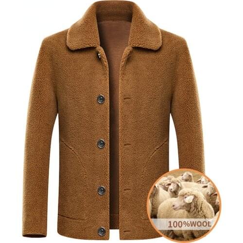 Luxury Mens Fur Jacket Casual Turn Down Collar Coat Full Zip Sheepskin Wool-one Side Pocket Long Sleeve Fleece Male Warm Suit