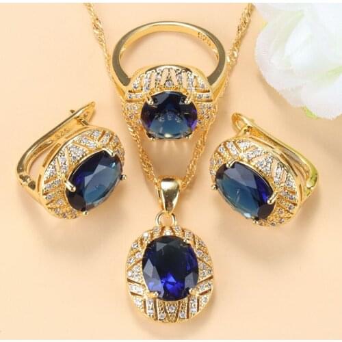 Luxurious Wedding Big Jewelry Sets With Natural Blue Stone African Women Bridal Costume Necklace And Clip Earrings Ring Sets