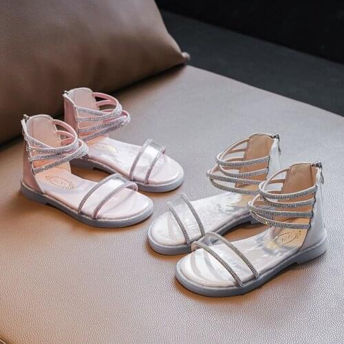 Summer New 2021 Sandals Girls Crystal Gladiator Fashion Rhinestone Children Sandals Princess Kids for Party Hollow Flats Chic