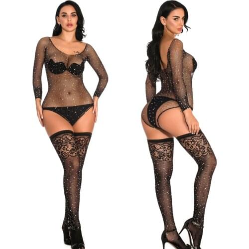 Sexy Mesh Transparent Bodystocking Lingerie Diamonds Sparkle Rhinestone Bikini Tight Fishnet Women Bodysuits Club Party Jumpsuit