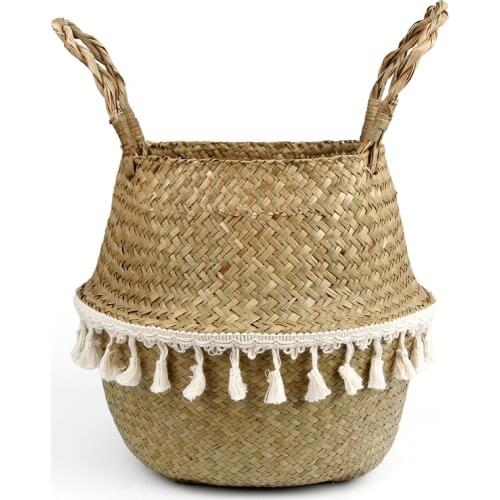 22cm x 20cm Foldable Handmade Storage Basket Folding Wicker Rattan Seagrass Belly Straw Garden Flower Pot Planter Laundry Basket