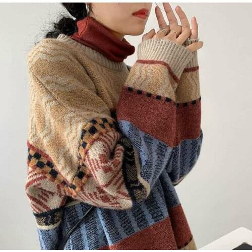 Women sweater Autumn Winter Vintage Sweet O-Neck Full Pullovers Geometric Keep Warm Y2k Sweaters For Women Loose
