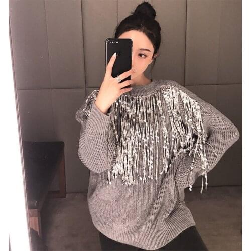 Sequined Tassel Knitted Sweater Loose Round Collar Long Sleeve Pullovers Bling bling Tailand Heavy Work Jumpers