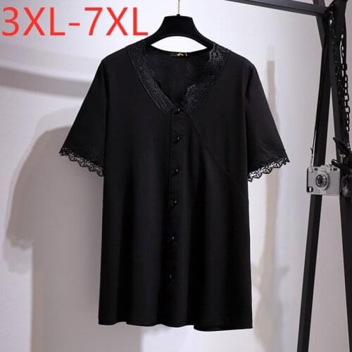 New 2021 Ladies Summer Plus Size Tops For Women Large Short Sleeve Loose Cotton Black Lace V-neck T-shirt 3XL 4XL 5XL 6XL 7XL