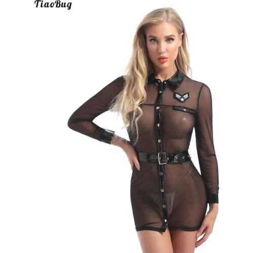 TiaoBug Women See-Through Mesh Police Shirt Role Play Costume Patent Leather Long Sleeve Button Mini Dress Blouse With Belt