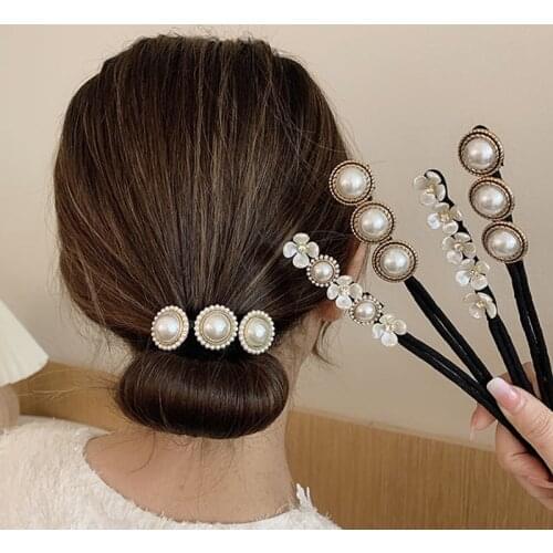 Pearl Shell Flower Hairpin Woman Girls Hair Rope Retro Pearl Hairpin Lazy Meatball Head Artifact Hair Accessories
