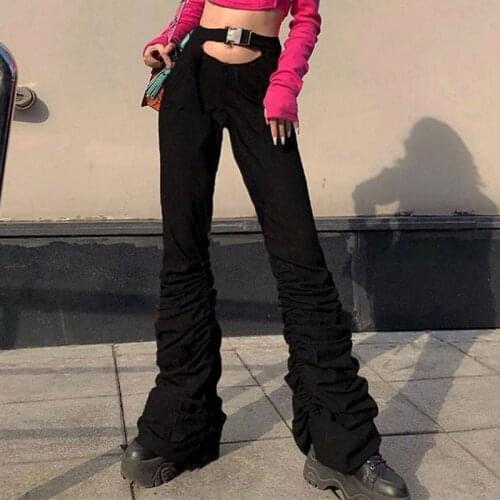 Hollow Out High Waist Y2K Womens Pants Pleated Black Hot Girls Slim Women 2021 Summer Streetwear Pants Female Long Trousers