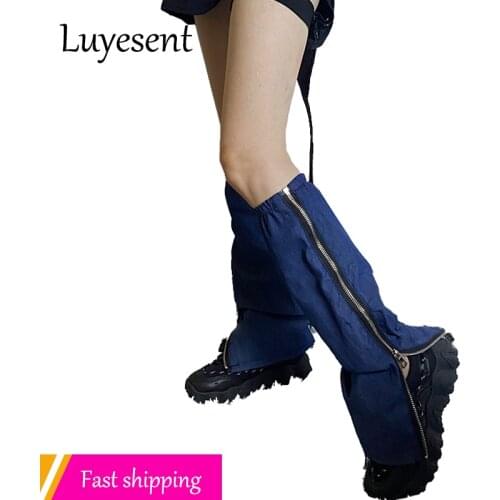 Blue Punk Lady Denim Leg Warmer Japanese Summer Gothic Girl Zippers Harajuku Calf-length Socks Leg Warmers Korean Fashion Cloth
