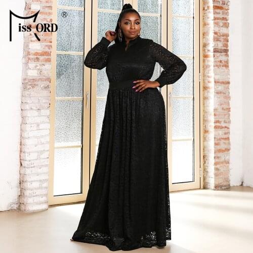 Missord 2021 Women Plus Size Dresses Maxi Lace Hollow Out Sexy Evening Prom Party Long sleeve High Neck Vestidos Elegant 2XL 3XL